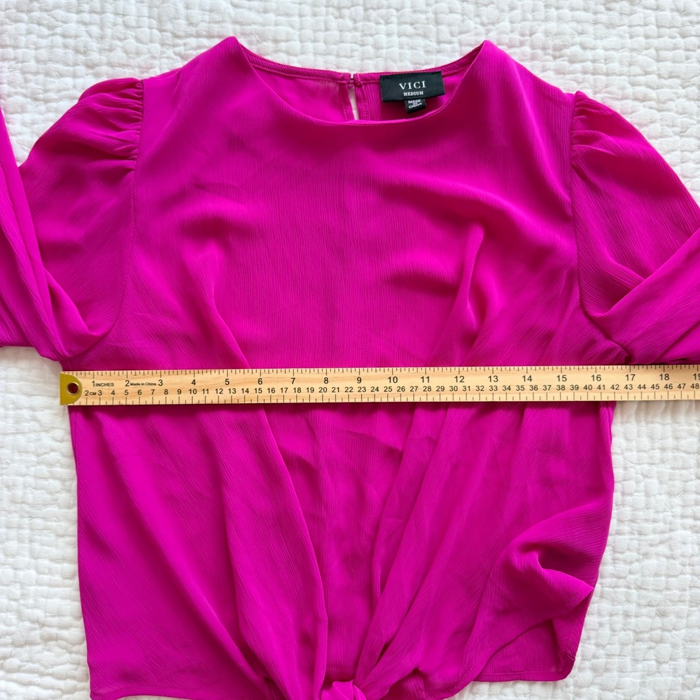 VICI Magenta Tie Front Balloon Sleeve Blouse AT1877 Medium Barbiecore Boho Pink - Picture 9 of 10